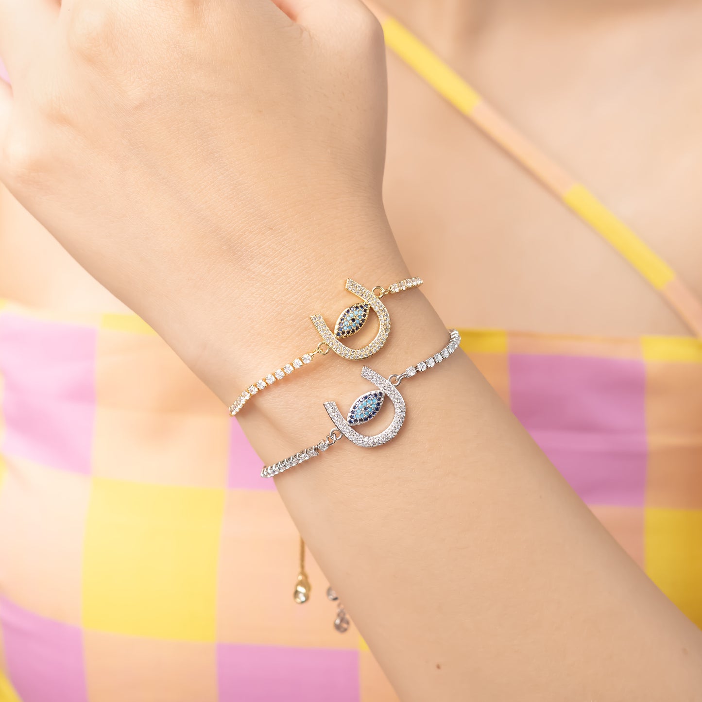 Silver Horse Shoe Shaped Evil Eye Bracelet